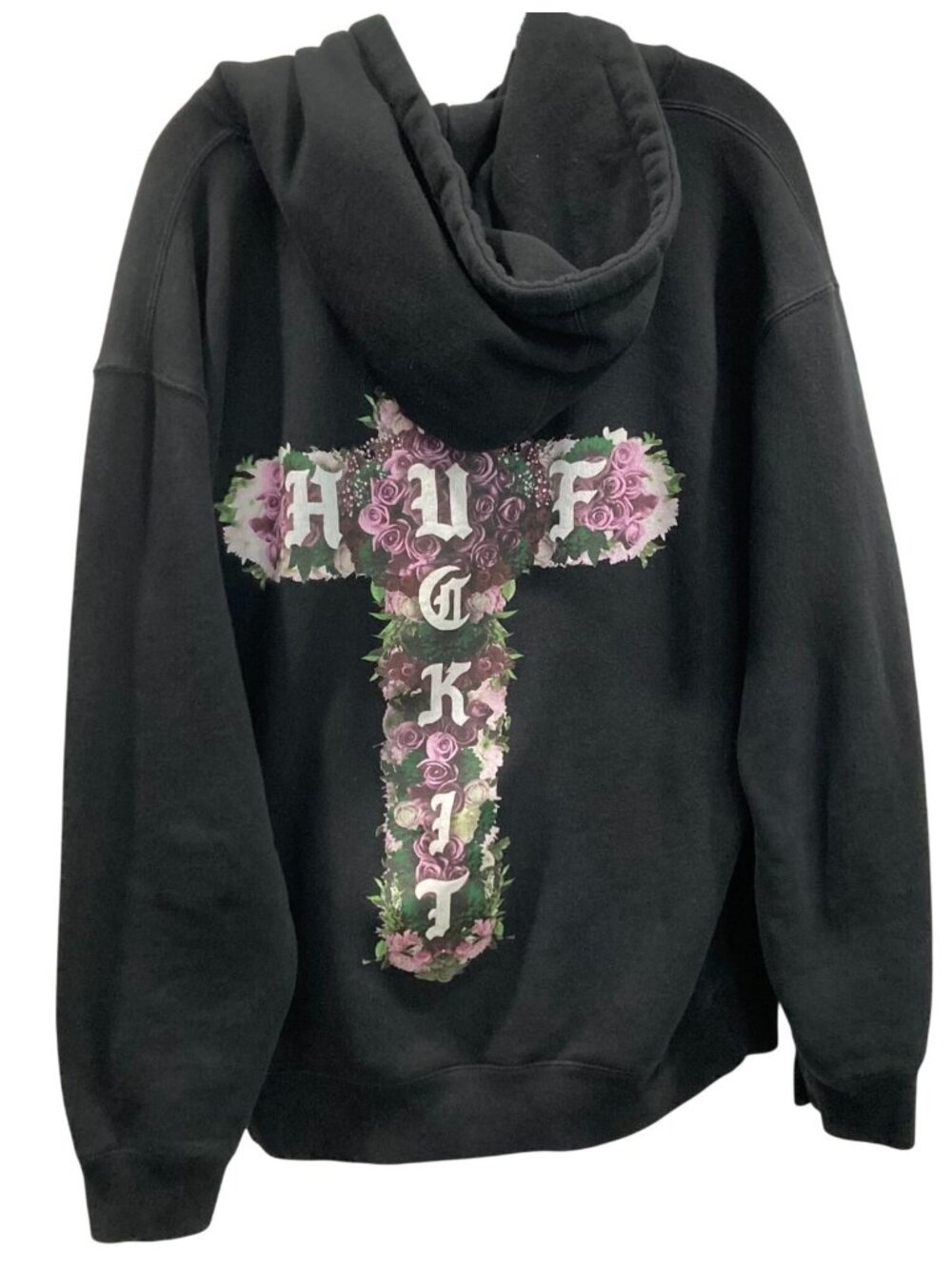 HUF Floral Cross Graphic Hoodie Sweatshirt M Black Streetwear Skater Grunge Y2K